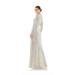 Mac Duggal Mac Duggal Wm's Sequined Silver Faux Wrap Long Sleeve Gown Sz 6 NWT